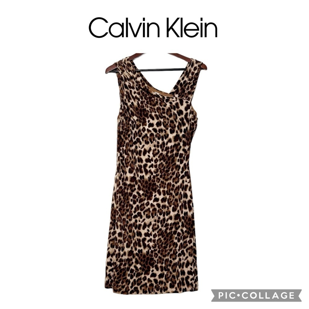 Calvin Klein leopard cheetah animal print sheath midi dress size 12 NWOT